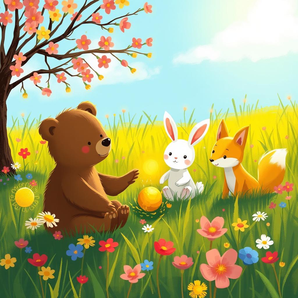 On a bright spring morning, in a vibrant meadow filled with colorful flowers and lush grass, an adorable brown bear, a cute little white rabbit, and a charming yellow fox gather excitedly around a small, round golden seed that softly glows with enchanting light