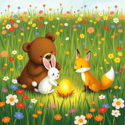 On a bright spring morning, in a vibrant meadow filled with colorful flowers and lush grass, an adorable brown bear, a cute little white rabbit, and a charming yellow fox gather excitedly around a small, round golden seed that softly glows with enchanting light