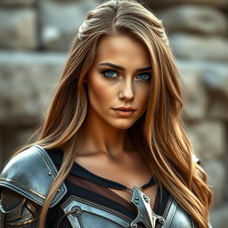 A busty woman dressed as an inquisitions knight, showcasing her deep blue eyes and very big bust