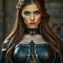 A busty woman dressed as an inquisitions knight, showcasing her deep blue eyes and very big bust