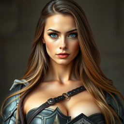 A busty woman dressed as an inquisitions knight, showcasing her deep blue eyes and very big bust