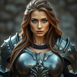 A busty woman in heavy plated armor, embodying the spirit of a knight
