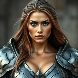 A busty woman in heavy plated armor, embodying the spirit of a knight