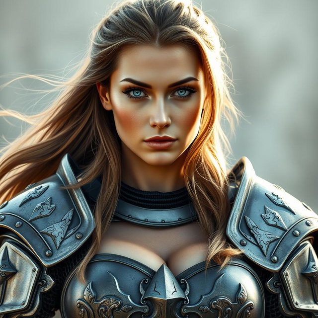 A busty woman in heavy plated armor, embodying the spirit of a knight