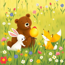 On a bright spring morning, in a lively patch of flowers and grass, an adorable brown bear, a cute little white rabbit, and a charming yellow fox gather excitedly around a small, round golden seed that emits a gentle glow
