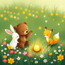 On a bright spring morning, in a lively patch of flowers and grass, an adorable brown bear, a cute little white rabbit, and a charming yellow fox gather excitedly around a small, round golden seed that emits a gentle glow