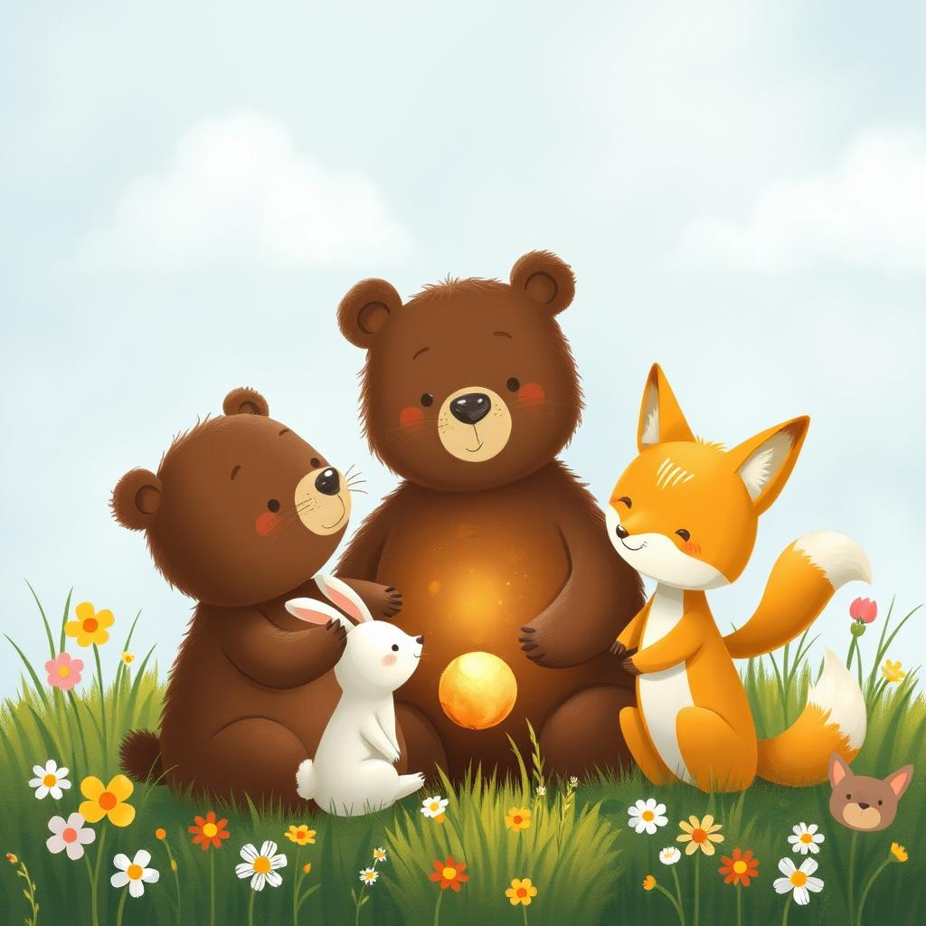 On a bright spring morning, in a lively patch of flowers and grass, an adorable brown bear, a cute little white rabbit, and a charming yellow fox gather excitedly around a small, round golden seed that emits a gentle glow