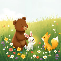 On a bright spring morning, in a lively patch of flowers and grass, an adorable brown bear, a cute little white rabbit, and a charming yellow fox gather excitedly around a small, round golden seed that emits a gentle glow
