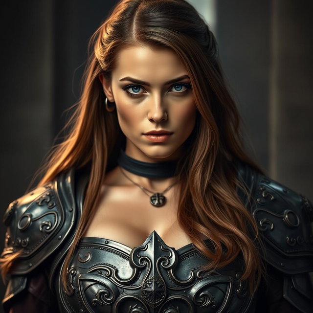 A busty woman zealot with deep blue eyes and a very big bust