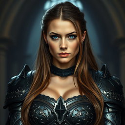 A busty woman zealot with deep blue eyes and a very big bust