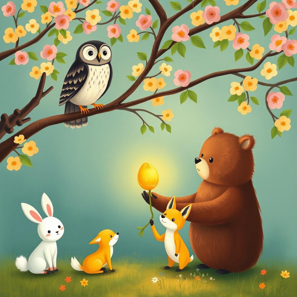 In a vibrant spring setting, an owl perches gracefully on a tree branch, observing a charming scene below