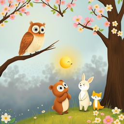 In a vibrant spring setting, an owl perches gracefully on a tree branch, observing a charming scene below