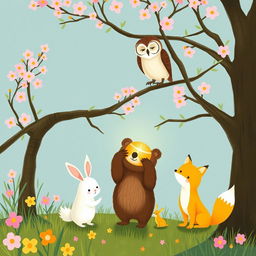 In a vibrant spring setting, an owl perches gracefully on a tree branch, observing a charming scene below