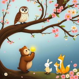 In a vibrant spring setting, an owl perches gracefully on a tree branch, observing a charming scene below