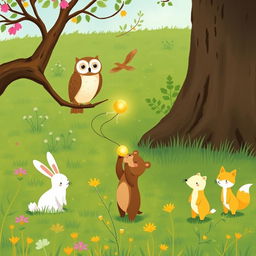 In a vibrant spring scene on a grassy field, an owl perches on a tree branch, observing below