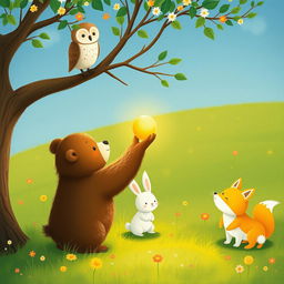 In a vibrant spring scene on a grassy field, an owl perches on a tree branch, observing below
