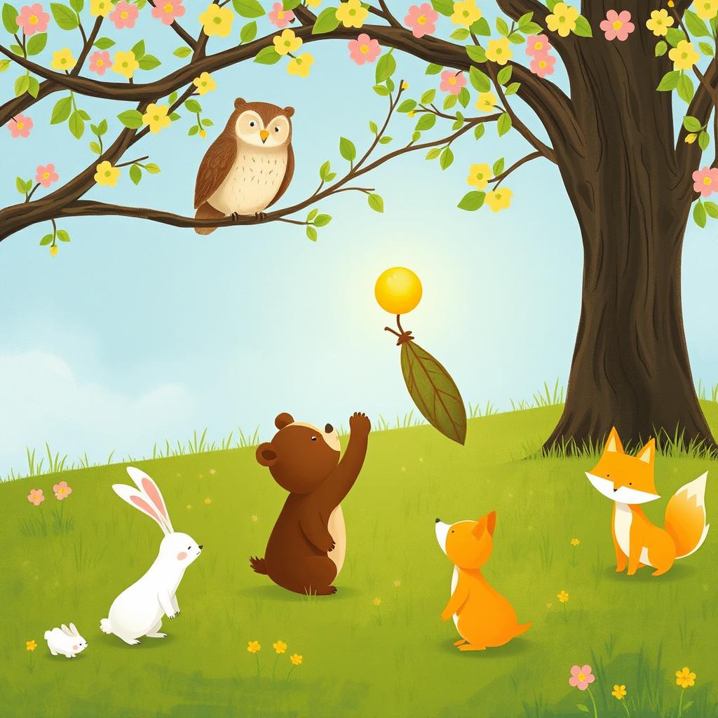 In a vibrant spring scene on a grassy field, an owl perches on a tree branch, observing below