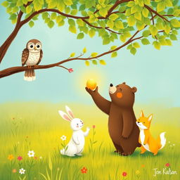 In a vibrant spring scene on a grassy field, an owl perches on a tree branch, observing below