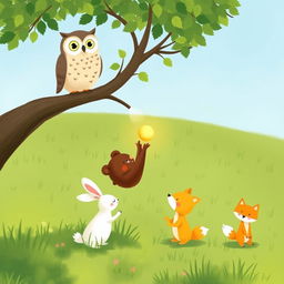 In a lush spring scene on a grassy field, an owl sits on a tree branch, observing with keen eyes