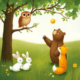 In a lush spring scene on a grassy field, an owl sits on a tree branch, observing with keen eyes