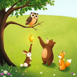 In a lush spring scene on a grassy field, an owl sits on a tree branch, observing with keen eyes