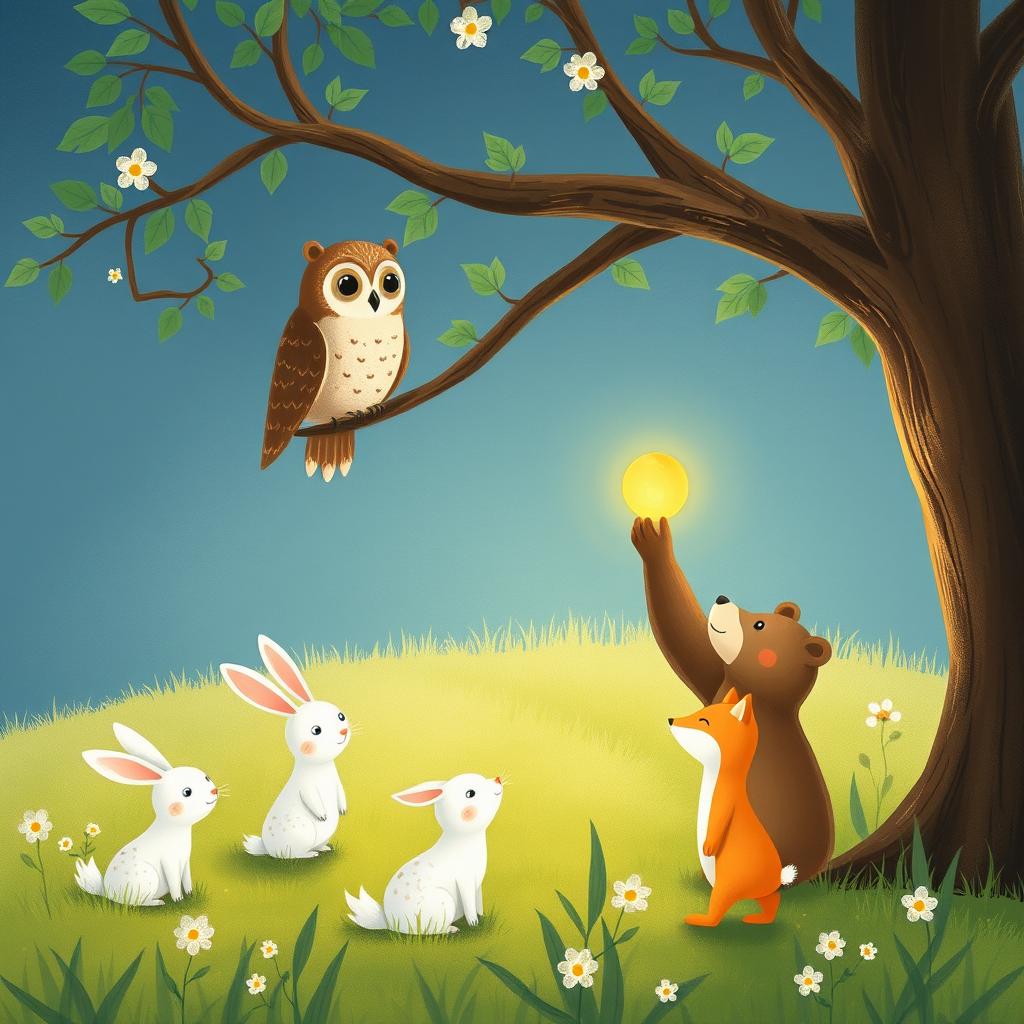 In a lush spring scene on a grassy field, an owl sits on a tree branch, observing with keen eyes