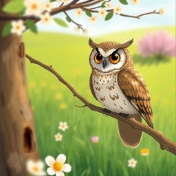 A close-up scene in a vibrant spring setting, featuring an owl perched on a tree branch