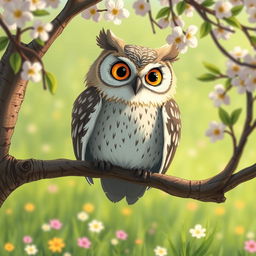 A close-up scene in a vibrant spring setting, featuring an owl perched on a tree branch