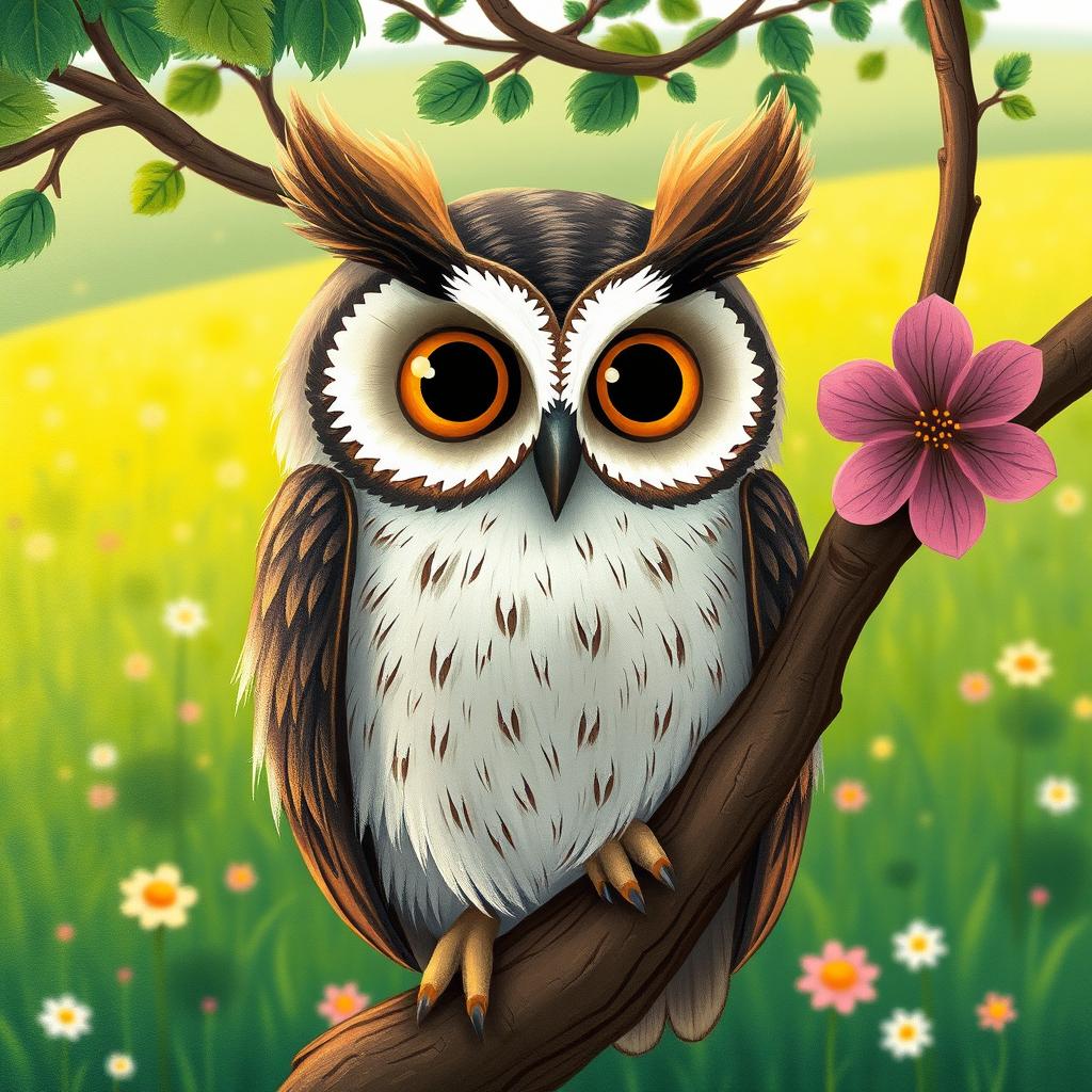 A close-up scene in a vibrant spring setting, featuring an owl perched on a tree branch