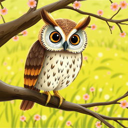 A close-up scene in a vibrant spring setting, featuring an owl perched on a tree branch