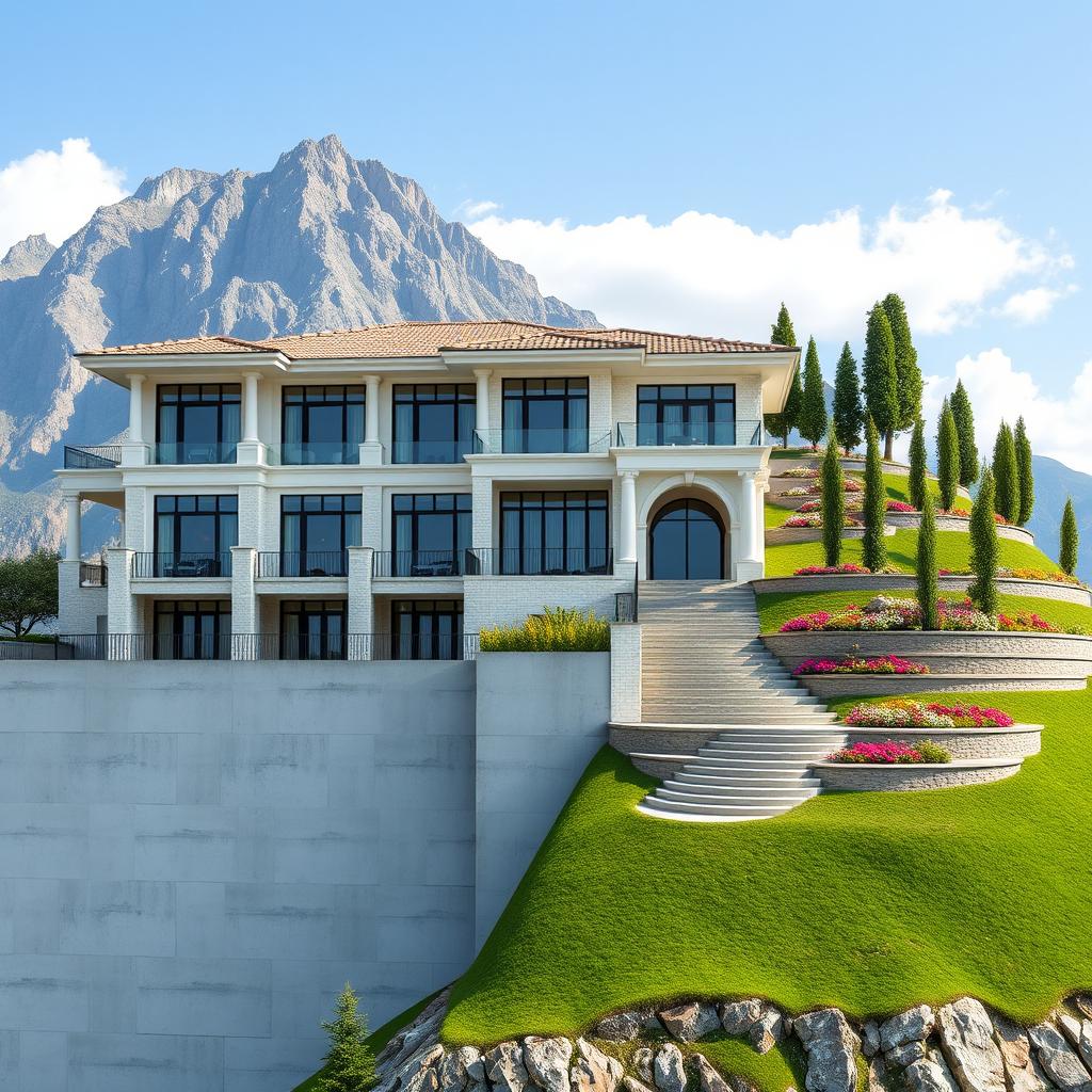 A luxurious two-story house situated on a 4-meter high concrete wall at the foothills of tall mountains