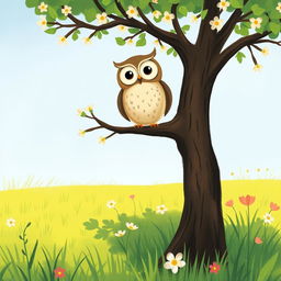A captivating spring scene set on a lush grassy field, featuring an owl perched atop a tree branch