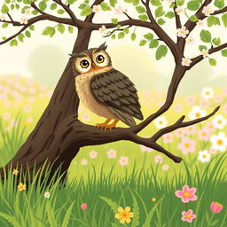 A captivating spring scene set on a lush grassy field, featuring an owl perched atop a tree branch