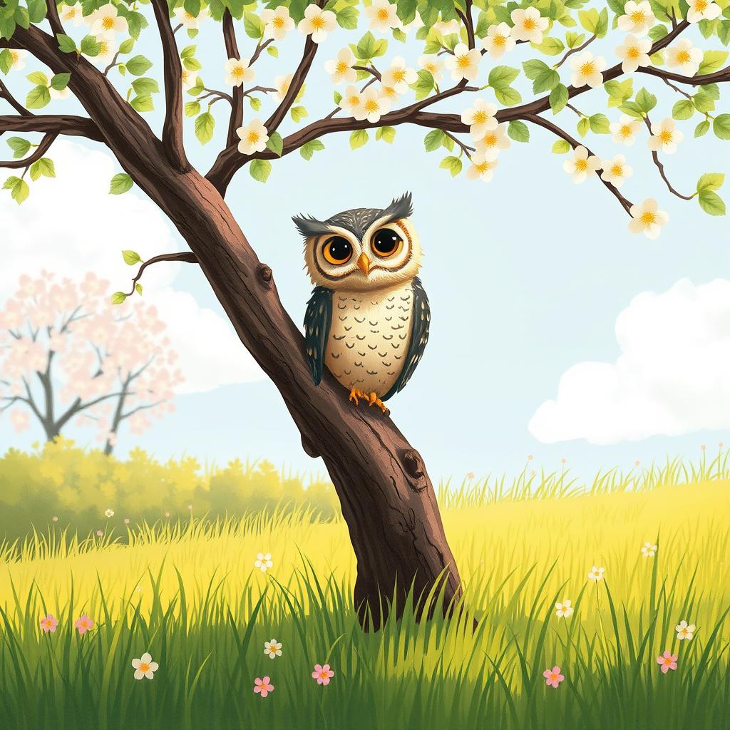A captivating spring scene set on a lush grassy field, featuring an owl perched atop a tree branch