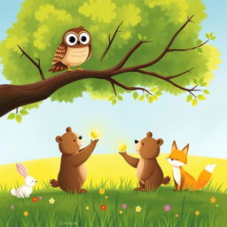 In a vibrant spring scene on a grassy field, an owl perches on a tree branch, observing the world below with curiosity