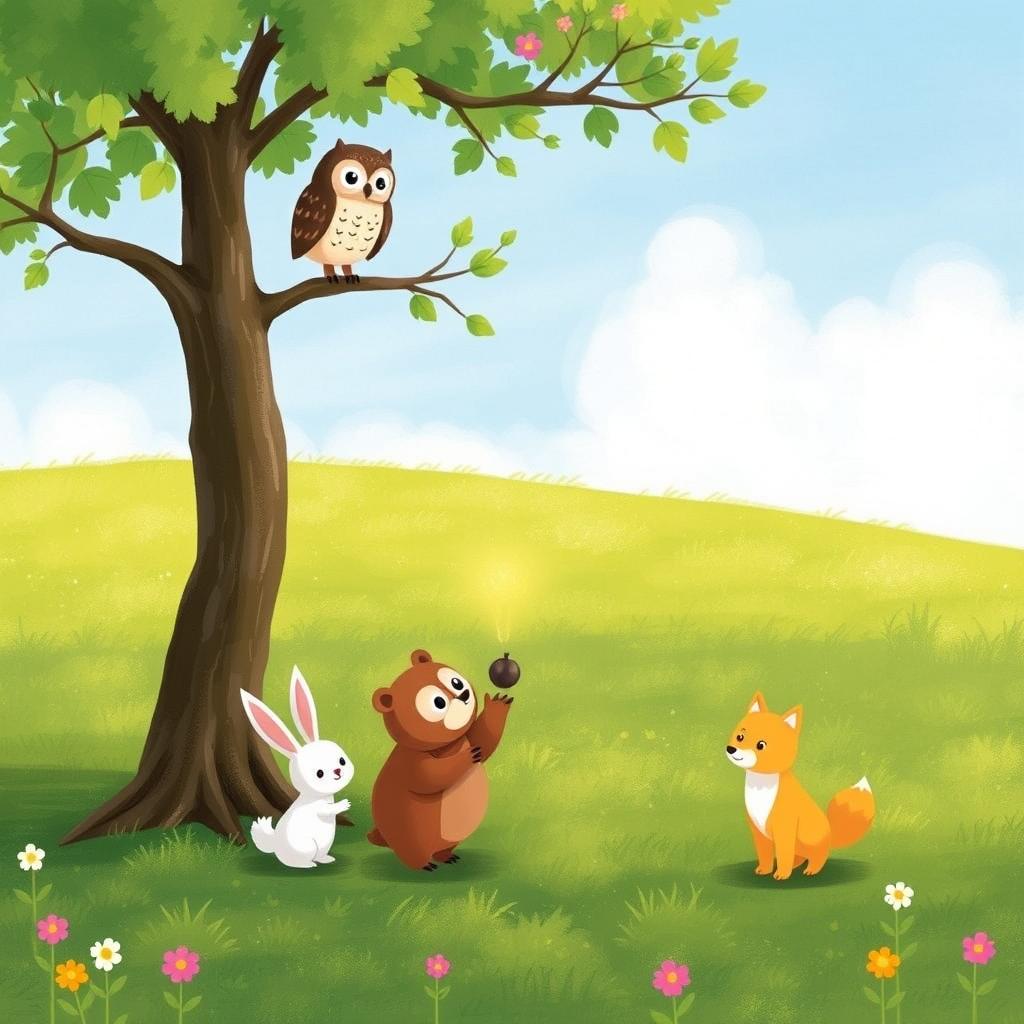 In a vibrant spring scene on a grassy field, an owl perches on a tree branch, observing the world below with curiosity