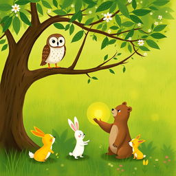 In a vibrant spring scene on a grassy field, an owl perches on a tree branch, observing the world below with curiosity