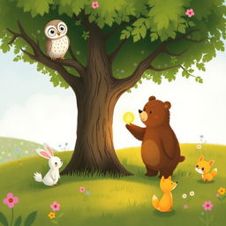 In a vibrant spring scene on a grassy field, an owl perches on a tree branch, observing the world below with curiosity