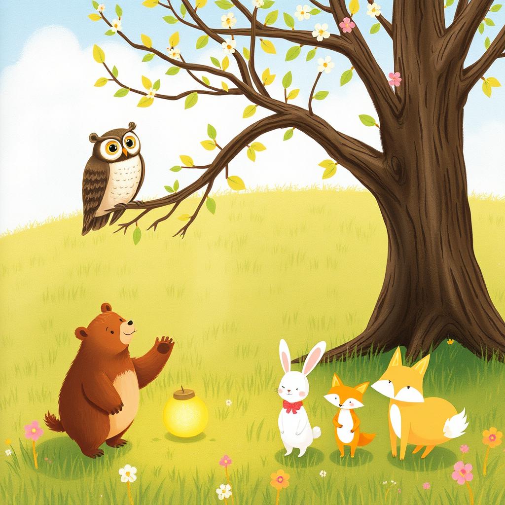 In a delightful spring setting on a grassy field, an owl perches on a tree branch, observing its surroundings with curiosity