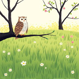 A charming spring scene on a grassy field, where a whimsical owl stands majestically on a tree branch, observing its surroundings