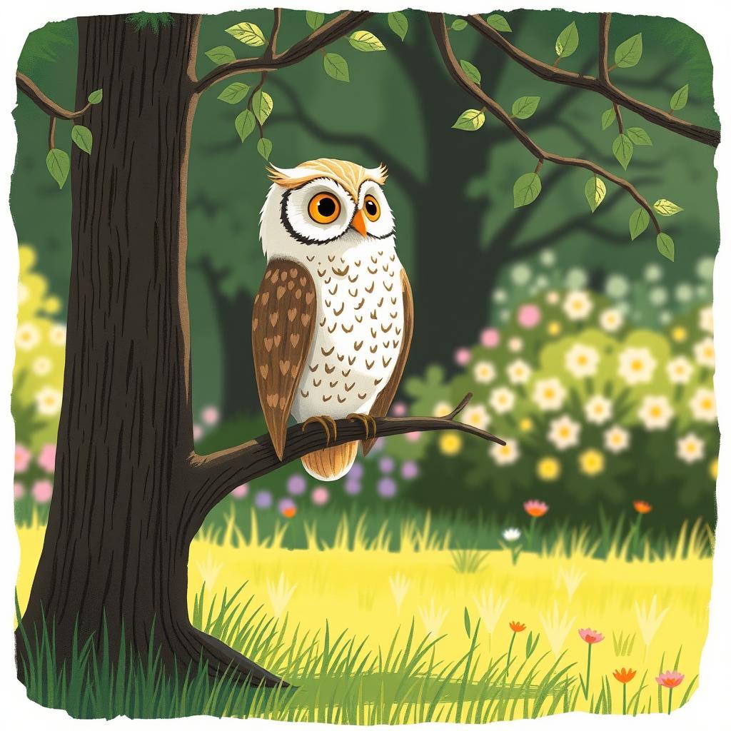 A charming spring scene on a grassy field, where a whimsical owl stands majestically on a tree branch, observing its surroundings