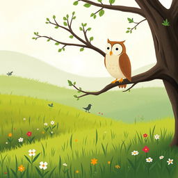 A whimsical spring scene on a grassy field, featuring an owl perched gracefully on a tree branch, looking out over the landscape