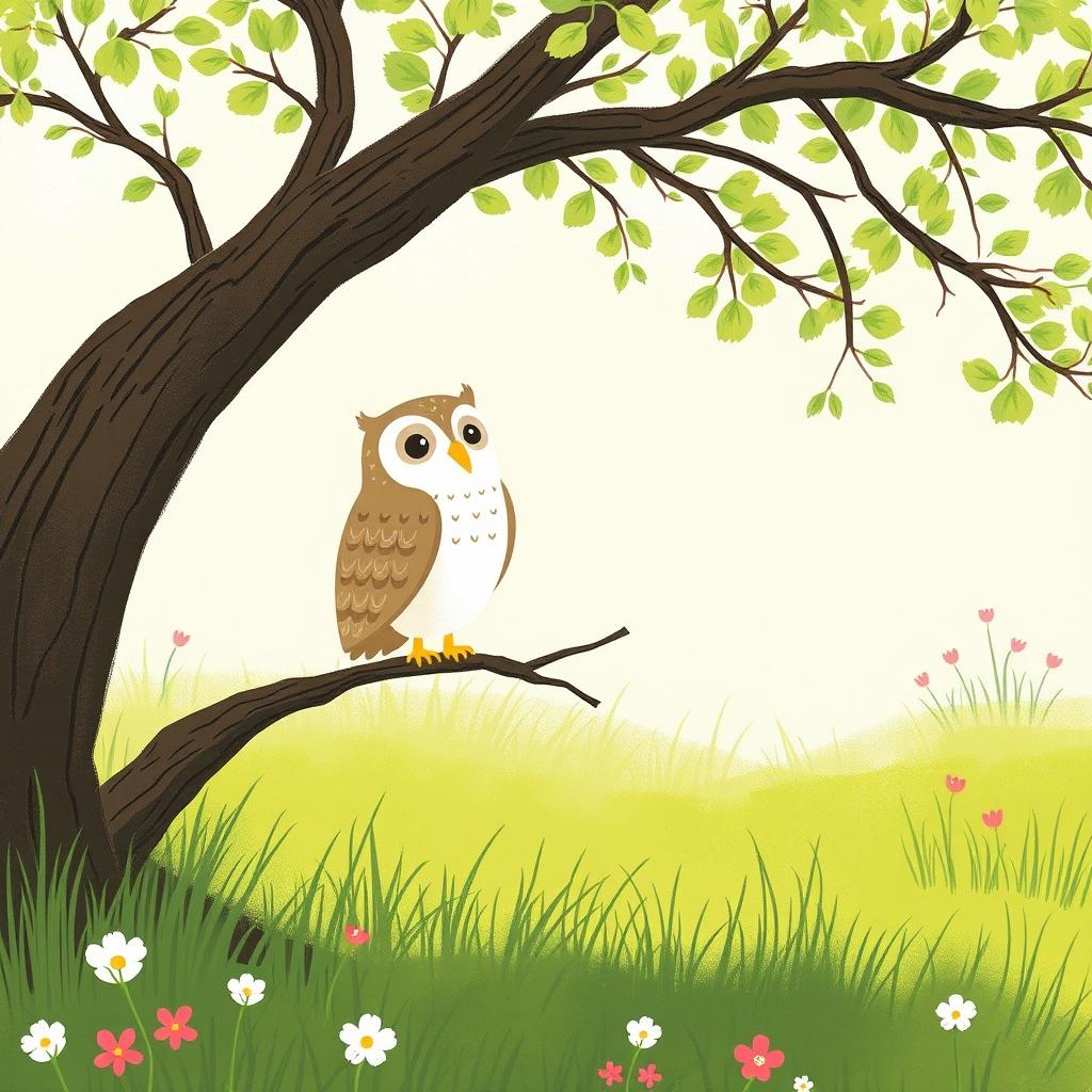 A whimsical spring scene on a grassy field, featuring an owl perched gracefully on a tree branch, looking out over the landscape
