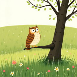A whimsical spring scene on a grassy field, featuring an owl perched gracefully on a tree branch, looking out over the landscape