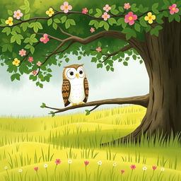 A whimsical spring scene on a grassy field, featuring an owl perched gracefully on a tree branch, looking out over the landscape