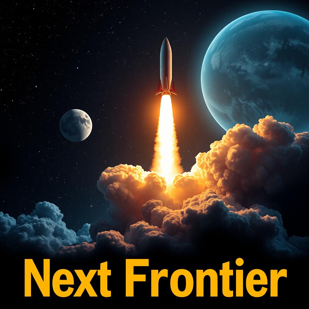 A visually stunning digital art poster depicting a rocket launch into space