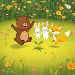 In a joyful spring scene on a vibrant green grassy field, a cute brown bear, a delightful little white rabbit, and an adorable yellow fox are happily jumping around a small seedling