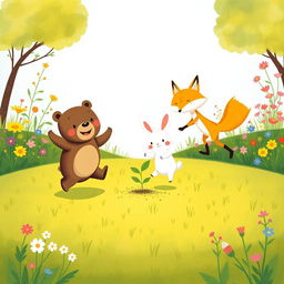 In a joyful spring scene on a vibrant green grassy field, a cute brown bear, a delightful little white rabbit, and an adorable yellow fox are happily jumping around a small seedling
