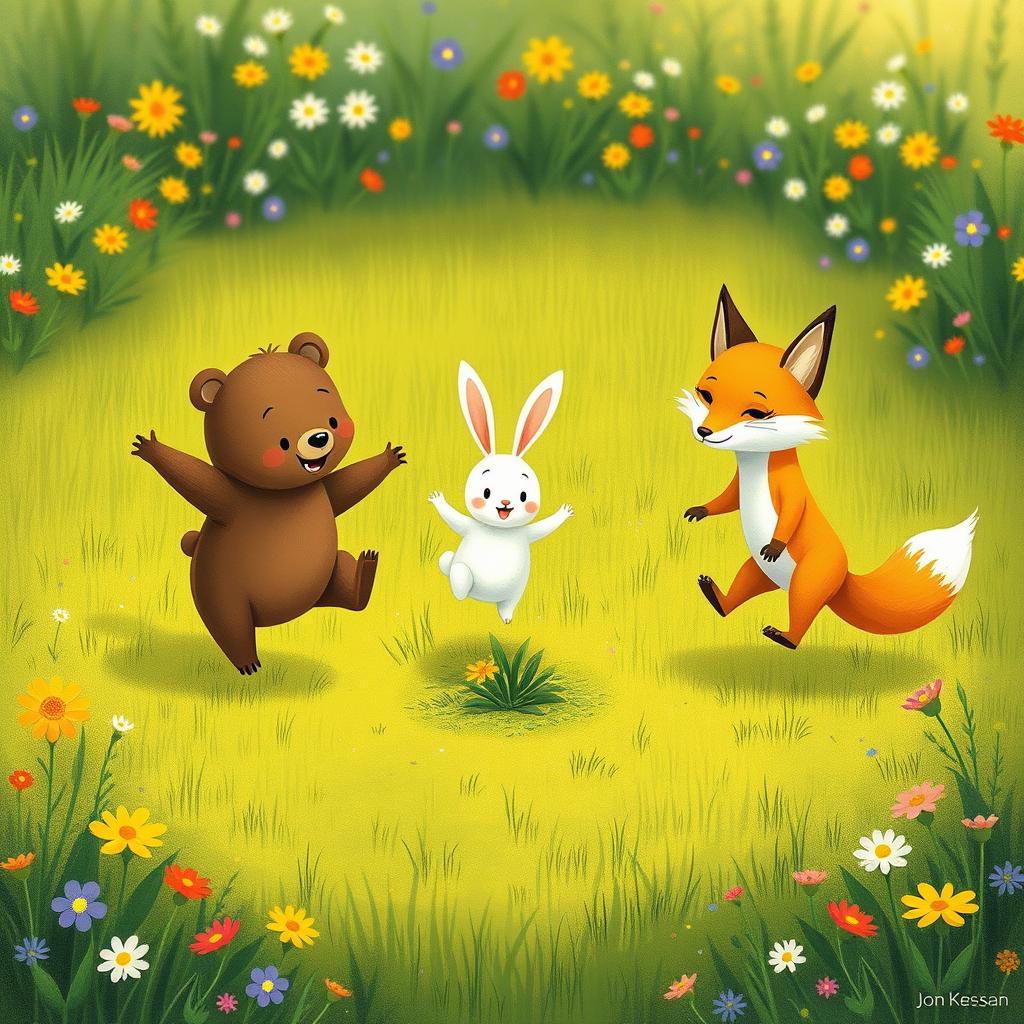 In a joyful spring scene on a vibrant green grassy field, a cute brown bear, a delightful little white rabbit, and an adorable yellow fox are happily jumping around a small seedling