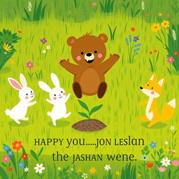 In a joyful spring scene on a vibrant green grassy field, a cute brown bear, a delightful little white rabbit, and an adorable yellow fox are happily jumping around a small seedling